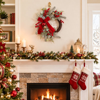 15.7 Inch Lighted Artificial Christmas Wreath with Red Bow, White Reindeer, Berries, Pinecones and Christmas Balls, Pre-lit Holiday Wreath for Front Door Mantel Home Christmas Decor