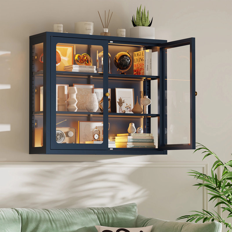 Vitrine murale en verre 3 faces avec portes doubles, Bleu