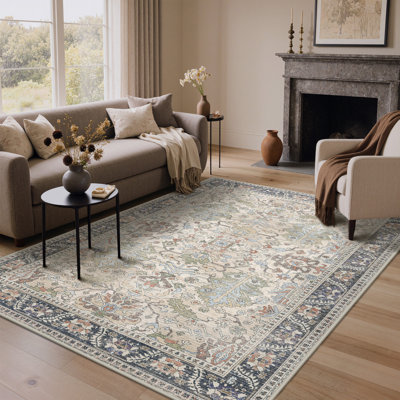 Tapis lavable à la machine antidérapant de style oriental rétro ivoire beige bleu multi