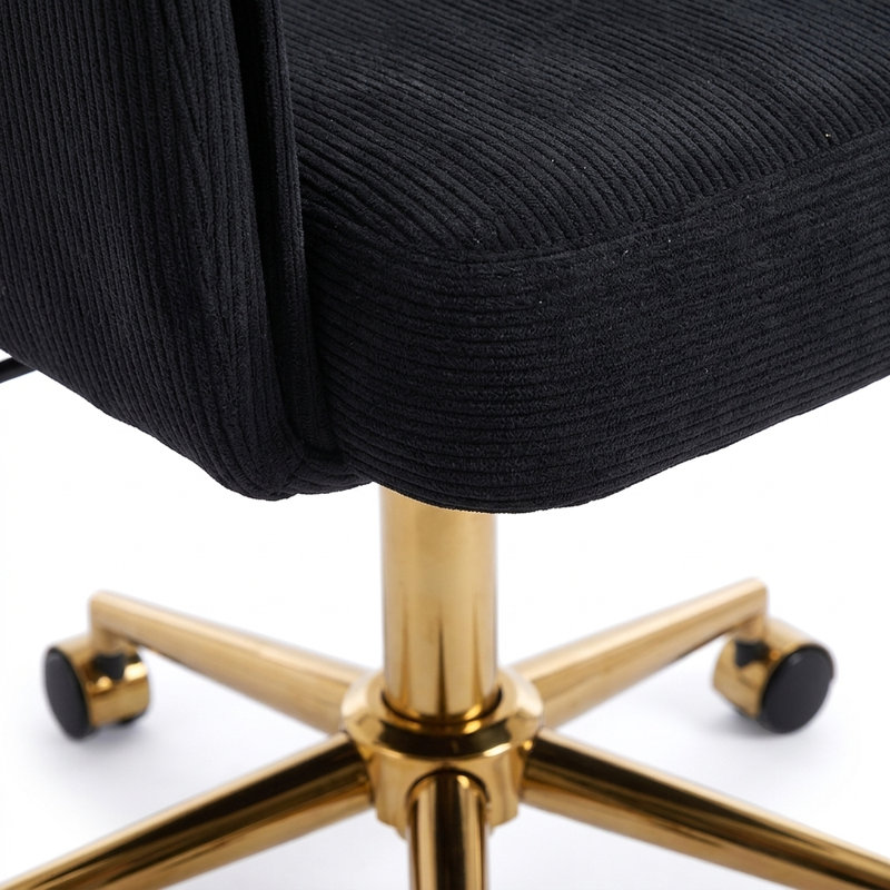 Chaise de bureau - Chaise de bureau de luxe en velours côtelé noir avec base dorée et support en mousse à mémoire de forme