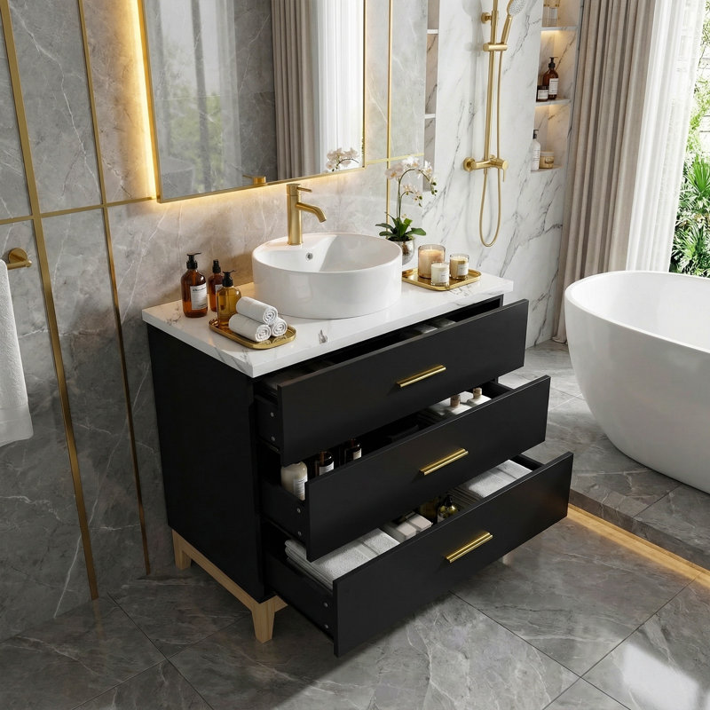 Meuble-lavabo 31,5 po avec vasque ronde - armoire noire, pieds en bois massif et rangement à 3 tiroirs