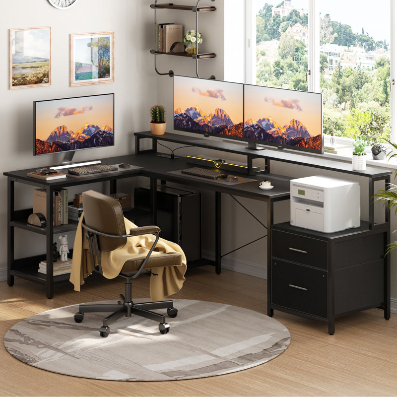 Kaedence L-Shaped Writing Desk, gaming desk with leds, office desk with outlets, Black/Black, 30" H x 72" W x 11" D