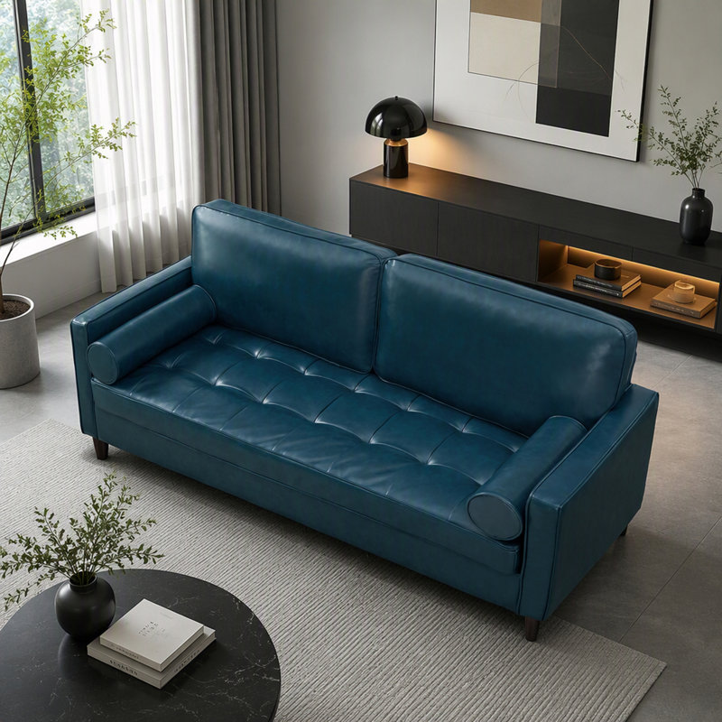 Canapé rembourré avec coussin d'assise capitonné, Similicuir bleu marine
