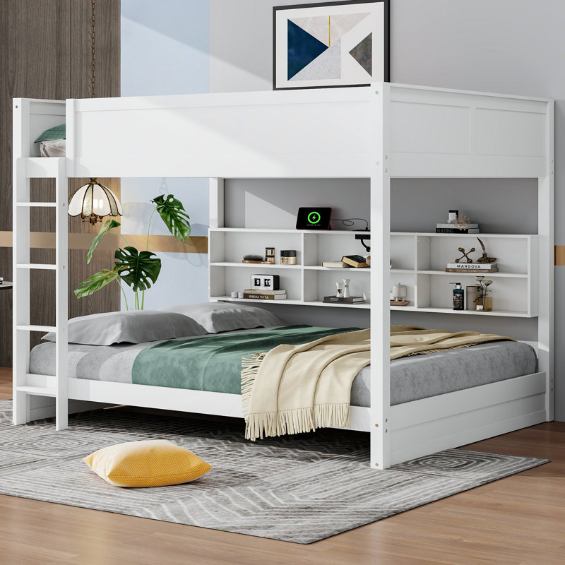 Queen Over Queen Bunk Bed With Storage And Charging Station, White
