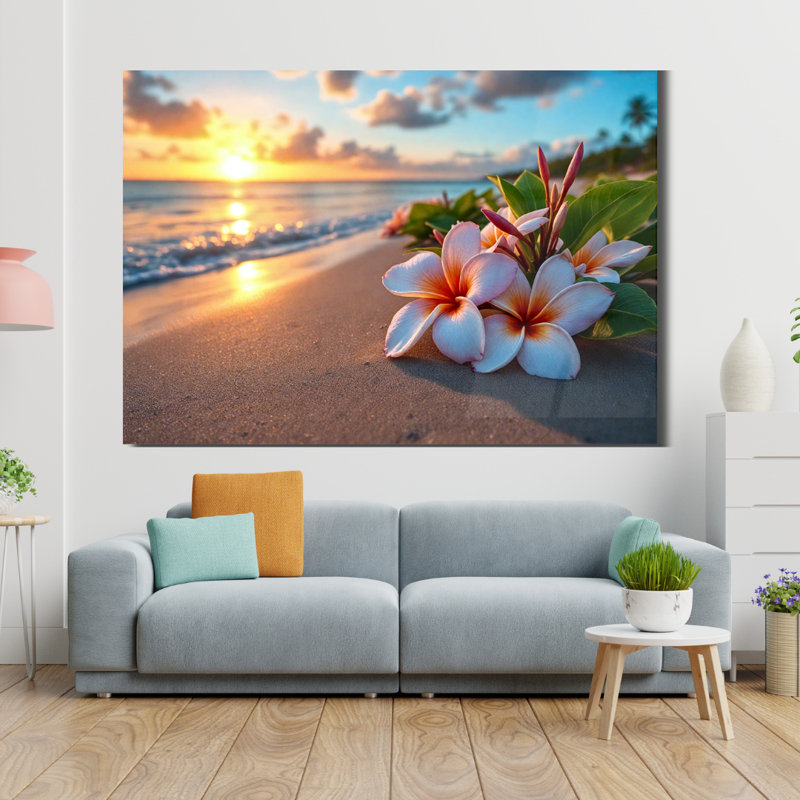 Tropical Beach Plumeria Tempered Glass Wall Art, 18" H x 24" W