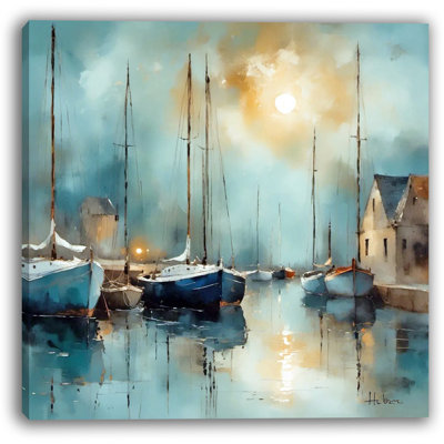 «Moonlit Serenity Harbor Scene», art mural sur toile tendue
