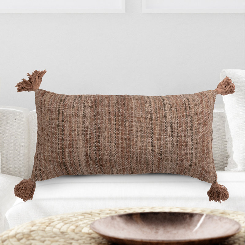 Tan Woven Cotton Striped Lumbar Pillow with Tassels