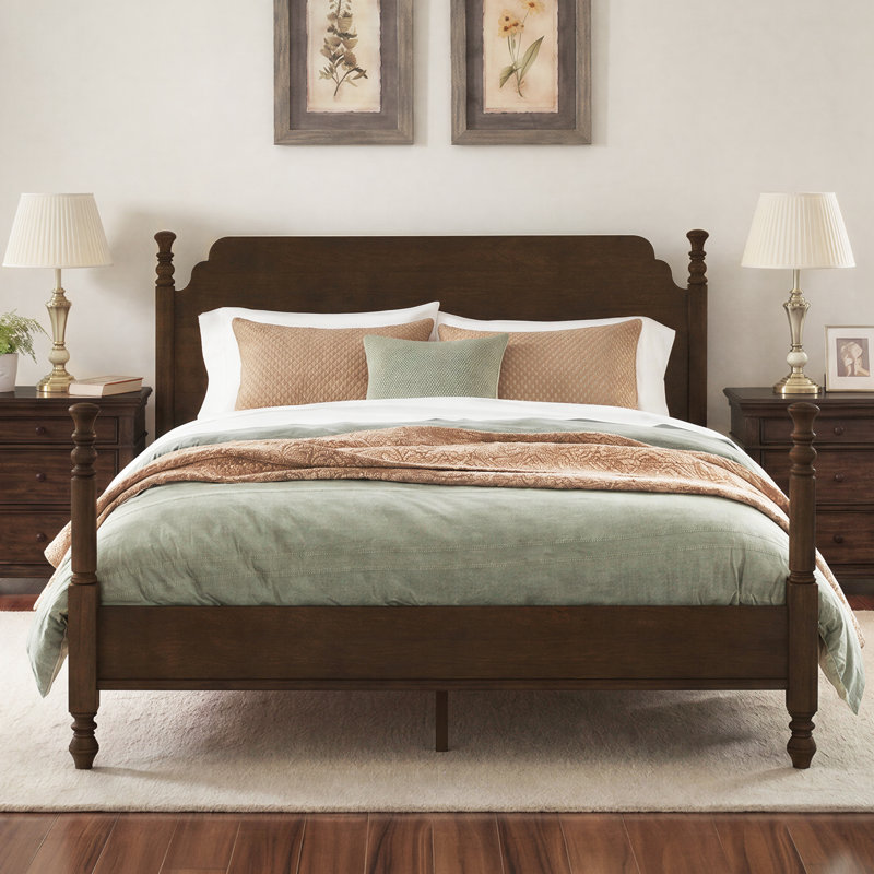 Cleo Solid Wood Bed Frame With Spindle Design, Queen, Dark Walnut
