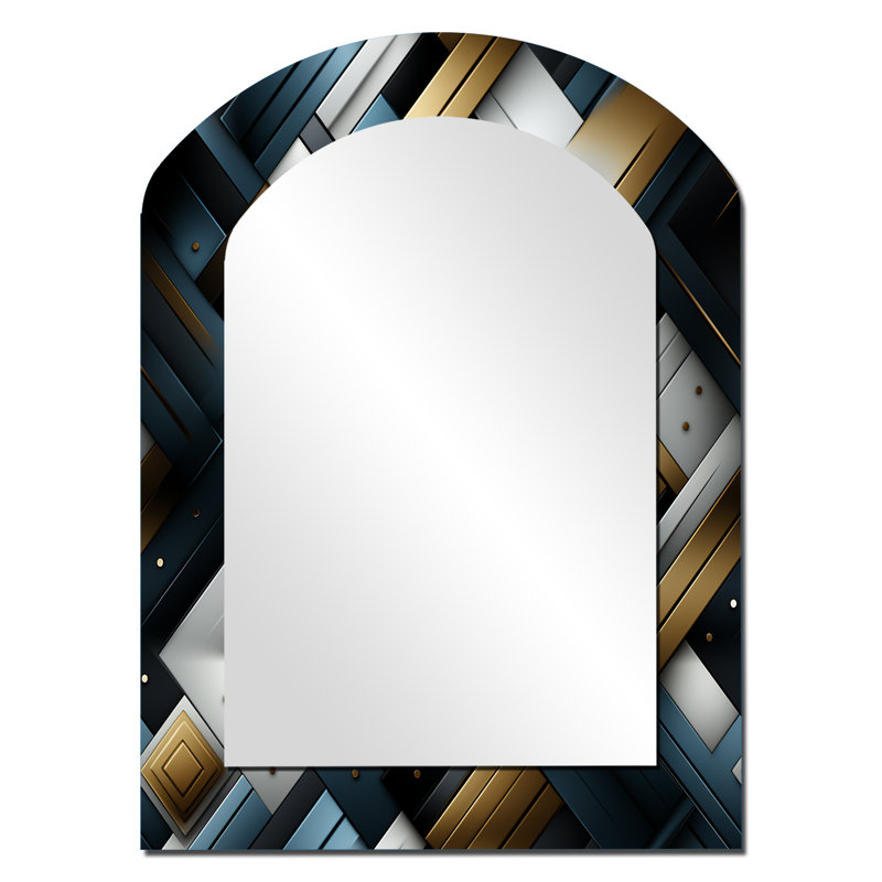 Dimensions de la mosaïque en marbre noir et doré - grand miroir mural arqué sur métal, 34 po x 25 po