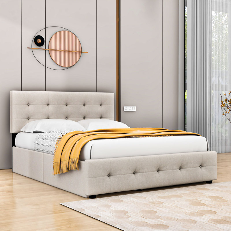 Grand lit plateforme tapissier à 2 tiroirs Carlitha avec lit gigogne simple TG, Beige foncé