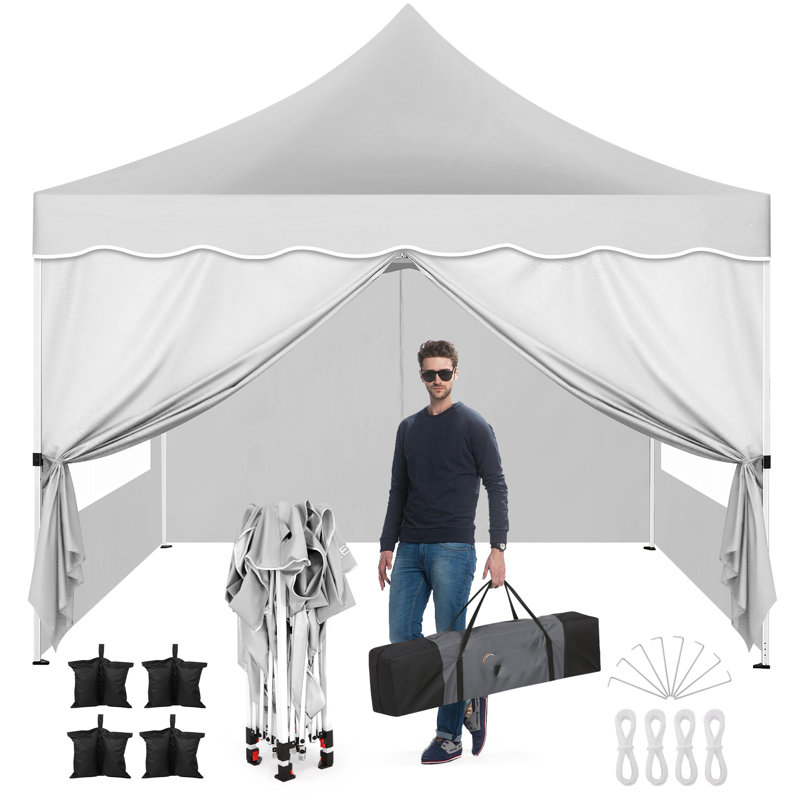 10x10 Pop Up Canopy Tent for Parties with 4 Removable Sidewalls 4 Sandbags, 4 Ropes, 4 Stakes & Wavy Edge, One Person EZ Setup