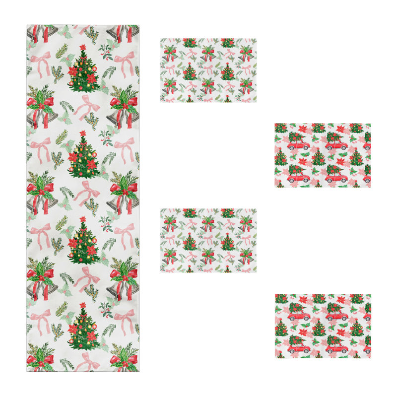Ensemble de chemin de table et napperon de Noël - Ensemble repas de Noël avec napperons, décoration de table de Noël rouge et verte, ensemble de 5 pièces - Parfait pour les dîners et les fêtes
