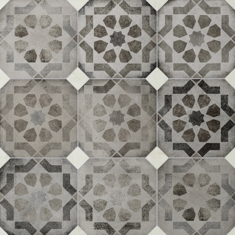 Laverton Octagon W/Taco 7-7/8 In. X 7-7/8 In. Porcelain Floor And Wall Tile, Gray/White