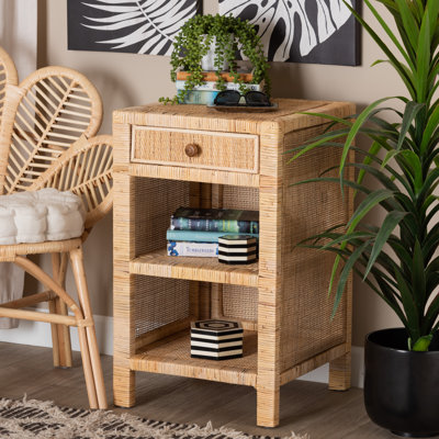 Baxton Studio Bhagipuri Modern Bohemian Natural Brown Mahogany Wood And Natural Rattan 1-Drawer Nightstand