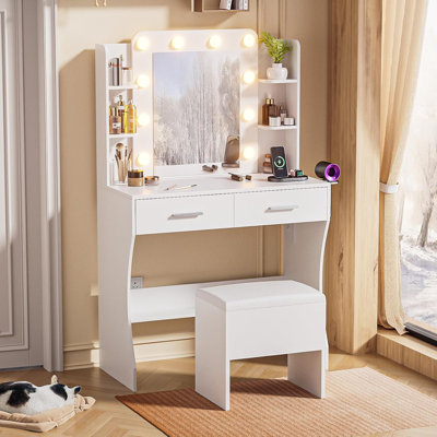 Vanity Desk with LED Mirror Makeup Vanity Set with Power Outlet, 2 Drawers, Storage Stool Vanities