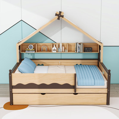 Lit en bois en forme de maison avec lit gigogne simple et bibliothèque