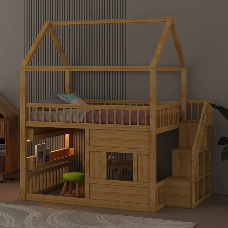 Lit mezzanine double en bois avec lumière intégrée et tablette ouverte, maisonnette avec toit et fenêtre, Naturel
