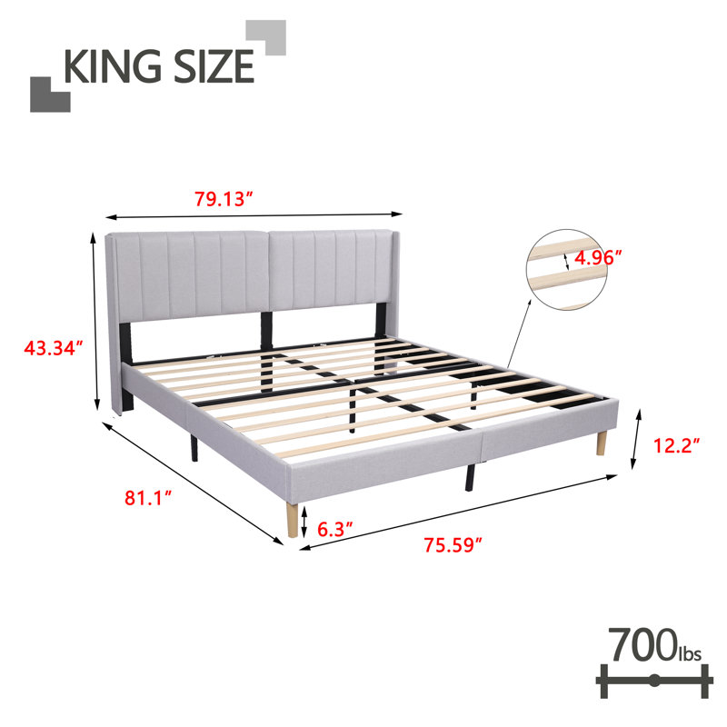 Upholstered Wingback Bed, Queen, Light Gray