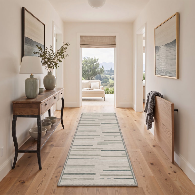 Tapis de corridor moderne à rayures beiges et grises, performant, à poils courts, lavable et antidérapant