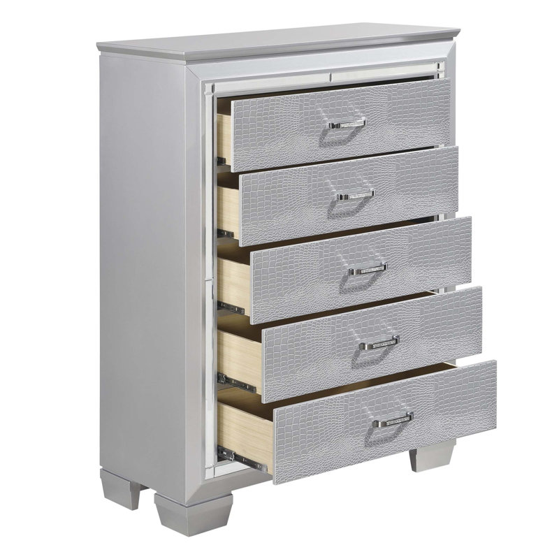 Commode luxueuse à 5 tiroirs en faux alligator avec bordure de miroir biseautée pour un rangement élégant dans la chambre à coucher