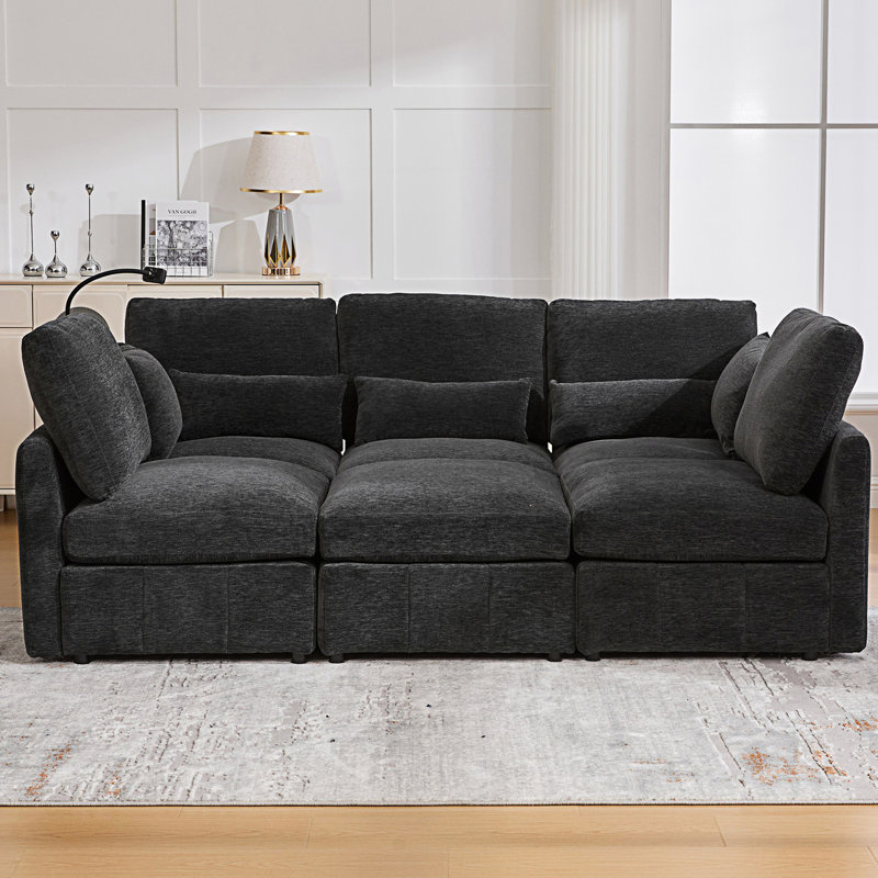 Modern Sectional Sofa, Modular Sofa, U-shaped Sofa Couch with a Movable Ottoman and Two USB Ports and a Phone Holder, Black