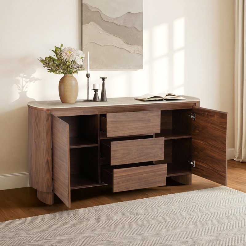Grier 63" Modern Solid Wood Sideboard with Storage and Stone Slab Top