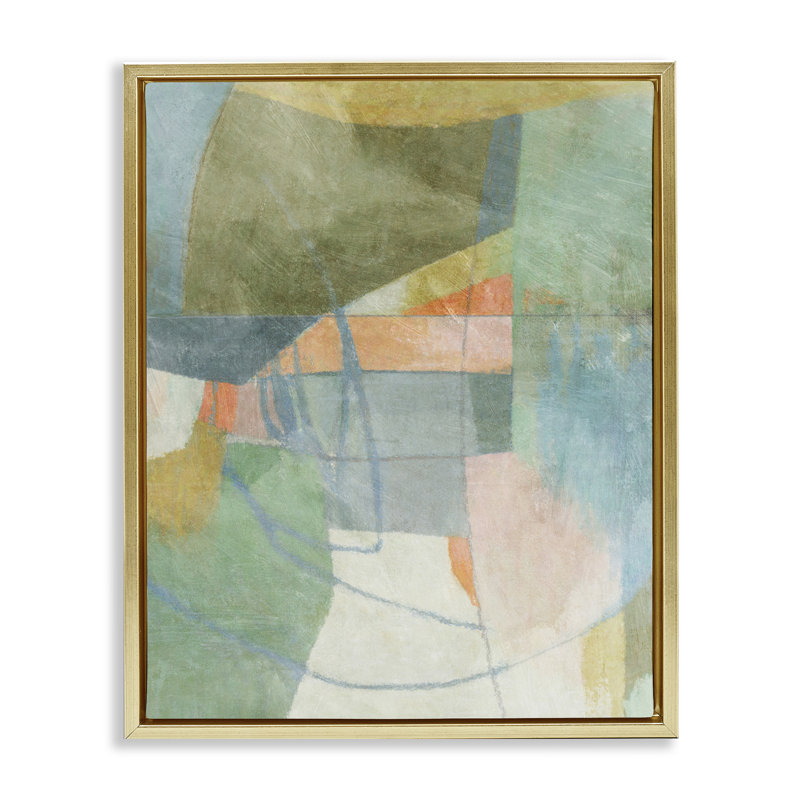 «Pastel & Green Shapes» par Suzanne Nicoll, H 31 po x l 25 po, Cadre flottant métallique doré