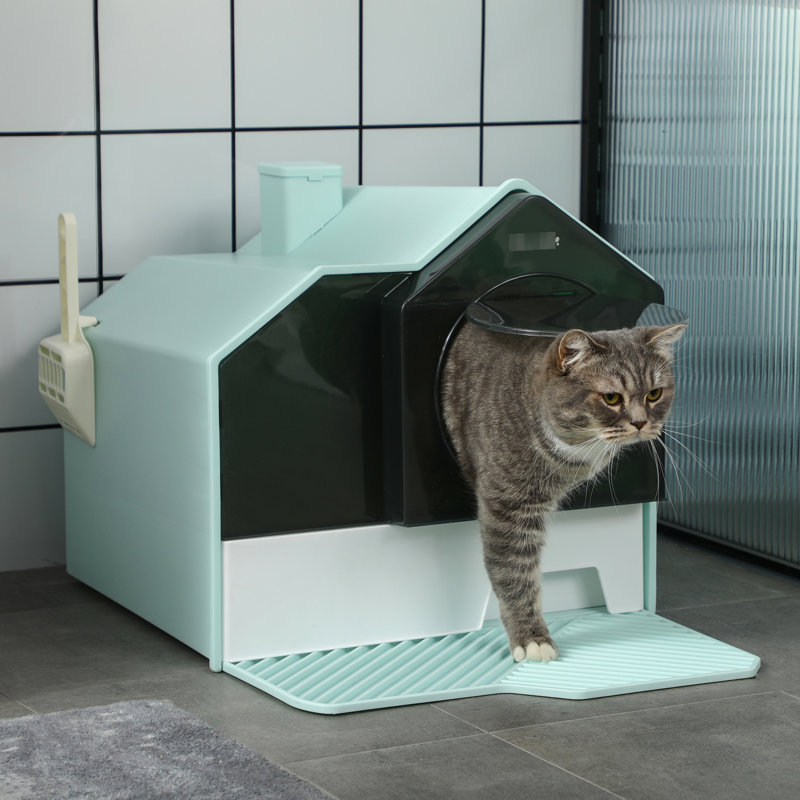 Bac à litière pour chat avec capuchon, bleu, réduction des odeurs, bac à capuche avec tiroir de nettoyage facile à nettoyer, nettoyage facile,