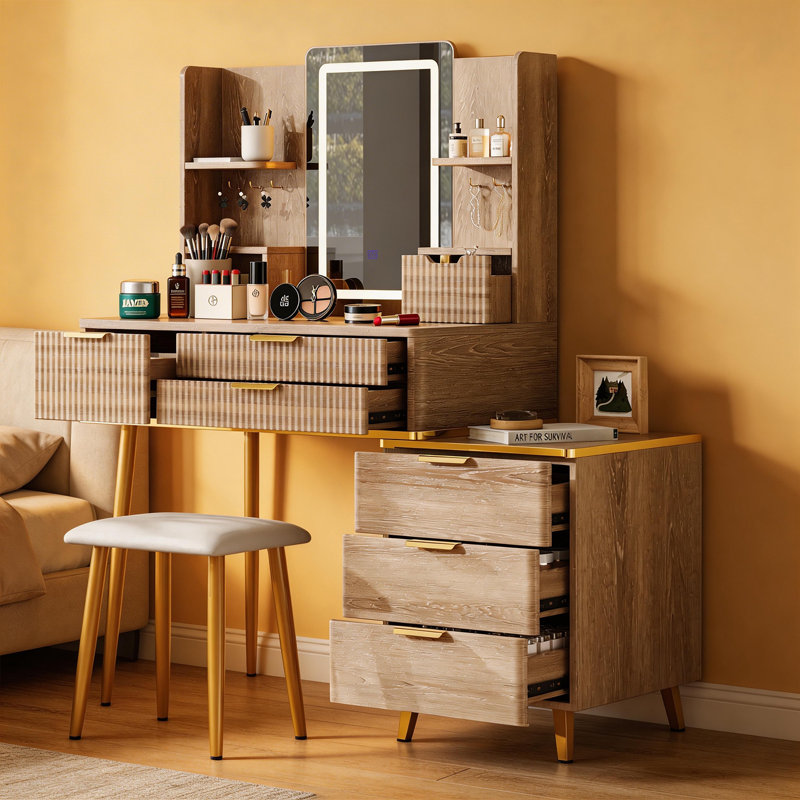 Ensemble de coiffeuse à maquillage avec tiroirs de rangement et tabouret rembourré Led
