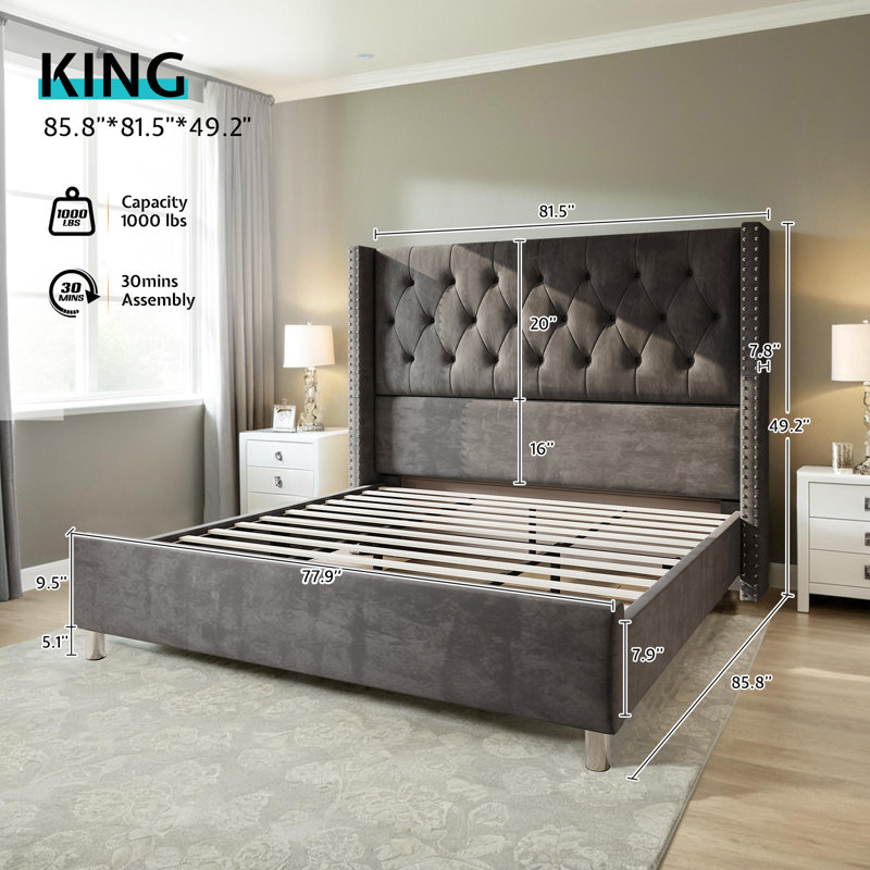 Occoquan Upholstered Wingback Bed, Gray, King