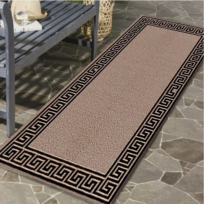 Plain Rug with Greek key Bordered Gel backed Rug Ameah Beige/Black Rug, Rectangle 66 x 120cm