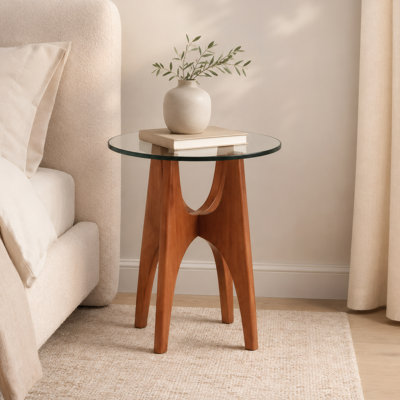 Modern Solid Wood End Table Round with Gray Tempered Glass Top 16"D×19"H