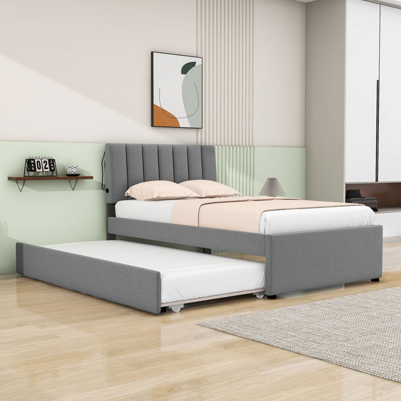 Lit plateforme tapissier simple avec lit gigogne simple Rikelme, gris