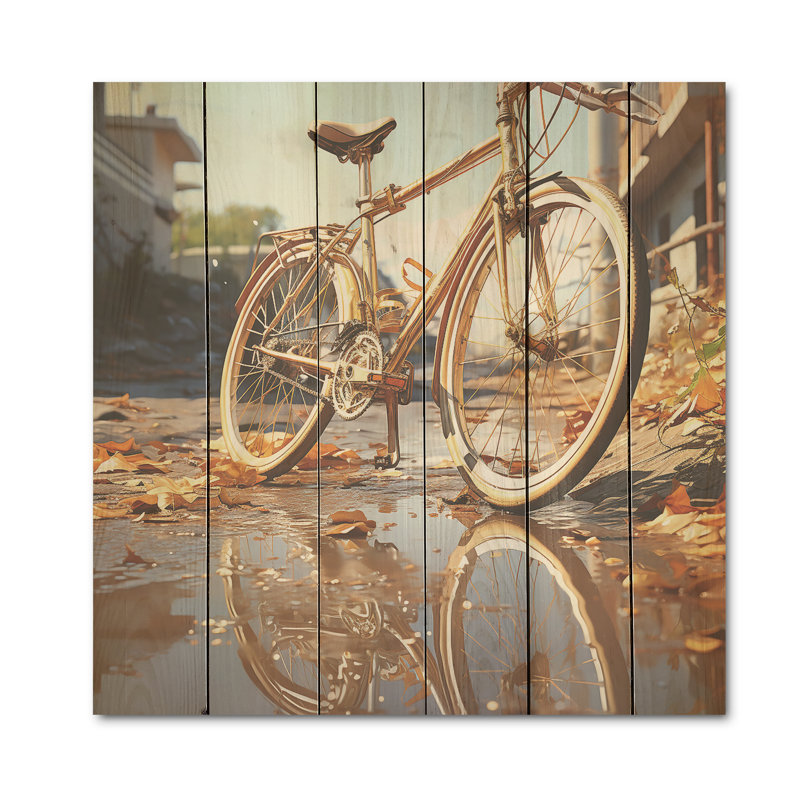Vélo doré sur roues - Art mural en bois de bicyclette sur bois de pin naturel, H 15 po x l 15 po