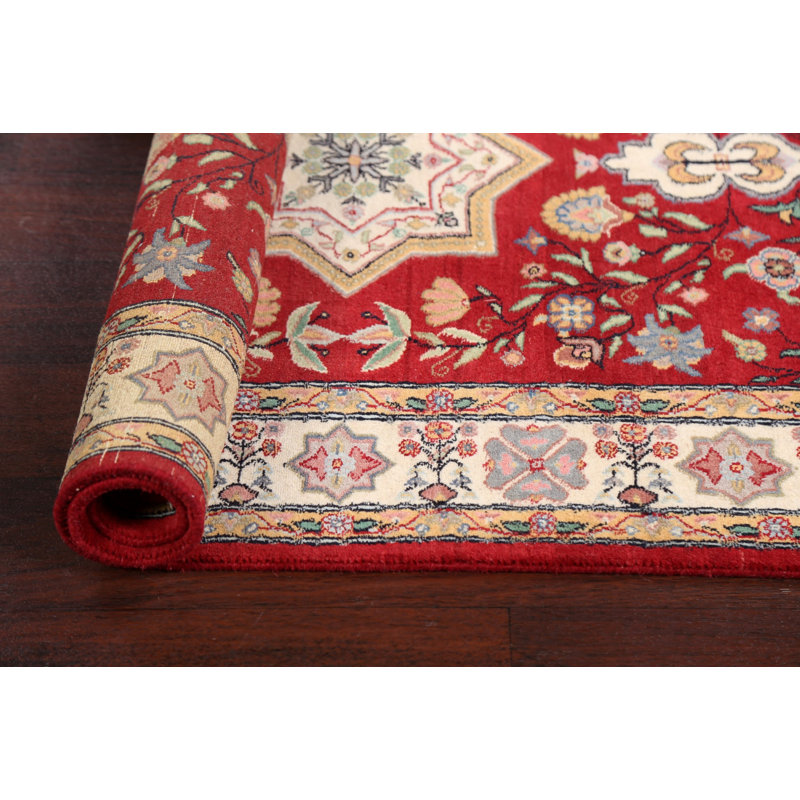 Tapis rouge en laine noué à la main de conception unique 3 pi x 5 pi 3 po New Age