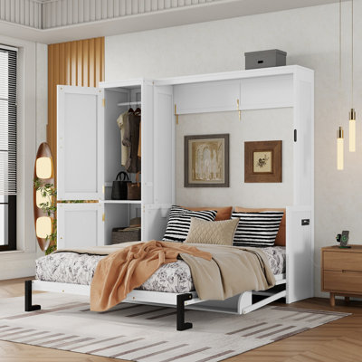 Grand lit escamotable en bois massif avec garde-robe, bureau, vérins à gaz et station de charge