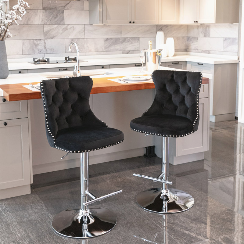 Rondel Swivel Upholstered Adjustable Height Counter Stool with Solid Wood Frame, Black
