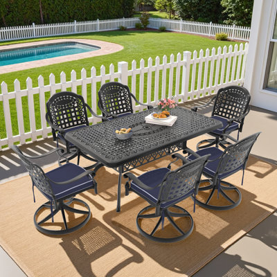 6-Person 66.93"L Rectangle Patio Dining Set with Umbrella Hole, 6 Swivel Chairs, Blue Cushions