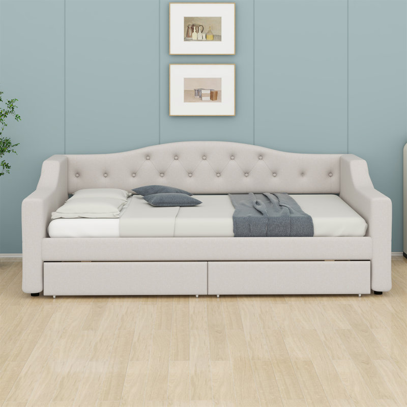 Upholstered Daybed With LED Belt And 2 Drawers, Beige