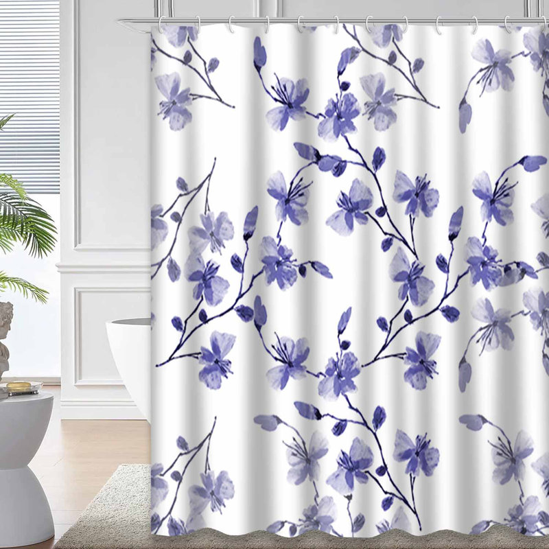 Rideau de douche sans couture à petites fleurs bleues sauvages avec 12 crochets, L 72 po x l 78 po