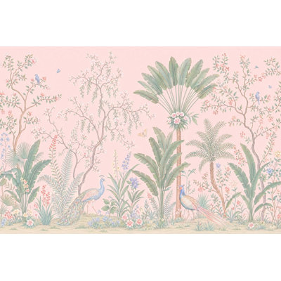 Papier peint mural rétro vintage avec motif de jardin botanique pastel sur fond rose amovible