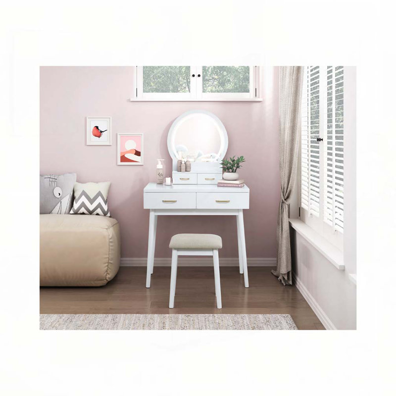 Beautiful White Finish Vanity Dresser with Mirror and Stool Set Storage Drawers Luxury Furniture 1pc LED Mirror, White