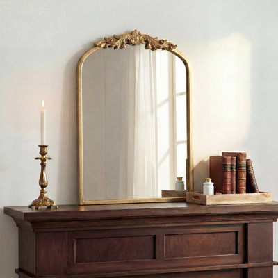 Arched Baroque Wall Mirror, Ornate Vintage Mirror with Antique Gold Finish, Decorative Accent Mirror for Living Room, Entryway, and Bathroom