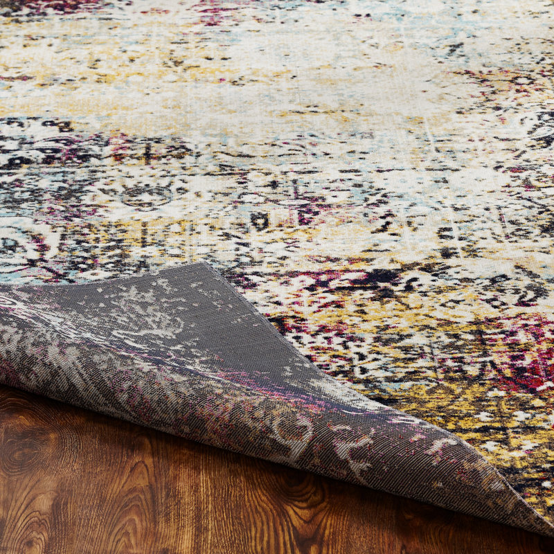 Abstract Area Rug in Ivory/Blue/Gold, Rectangle 7'9" x 9'9"