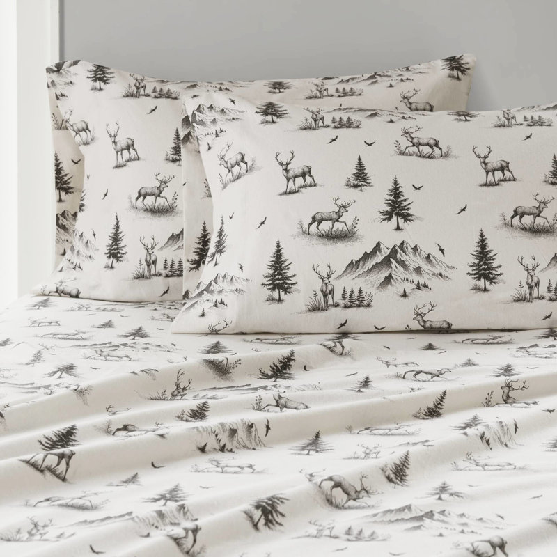Queen Sheet Gray Deer Toile 4 Pcs 100% Cotton Flannel Soft Velvet Feel 12" Queen 14" Depth Fitted Elasticized For Good Fit Machine Washable