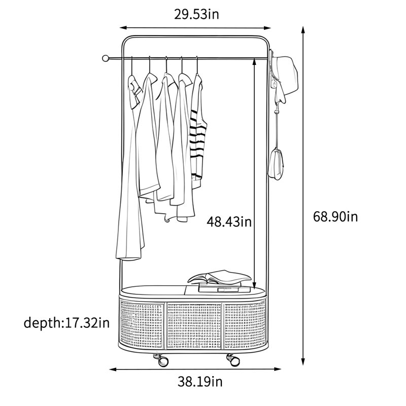 Mobile Rattan Coat Rack with Storage & Wheels, Brown