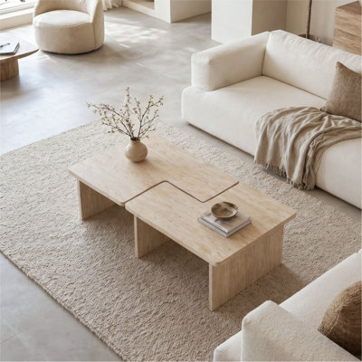 Modular Travertine Coffee Table Set of 2, Nesting L-Shaped Puzzle Center Table, Separable Side Corner Table for Apartment Small Spaces & Living Room