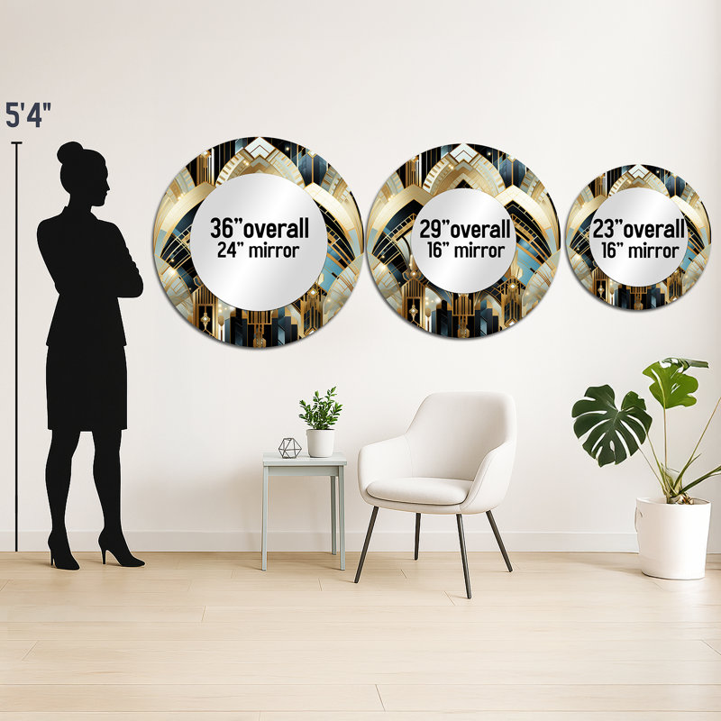 Ruenell années 1970 bleu et or damassé art déco - miroir en marbre, 29 po x 29 po