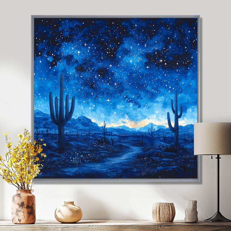 Markcus cactus sous le désert, étoiles bleues I - cactus grand, art mural, H 36 po x l 36 po, Impression encadrée flottante