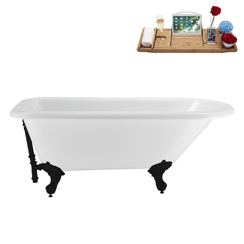 62" Streamline Clawfoot Tub,Tray,Drain, Clawfeet, Matte Black, Matte Black
